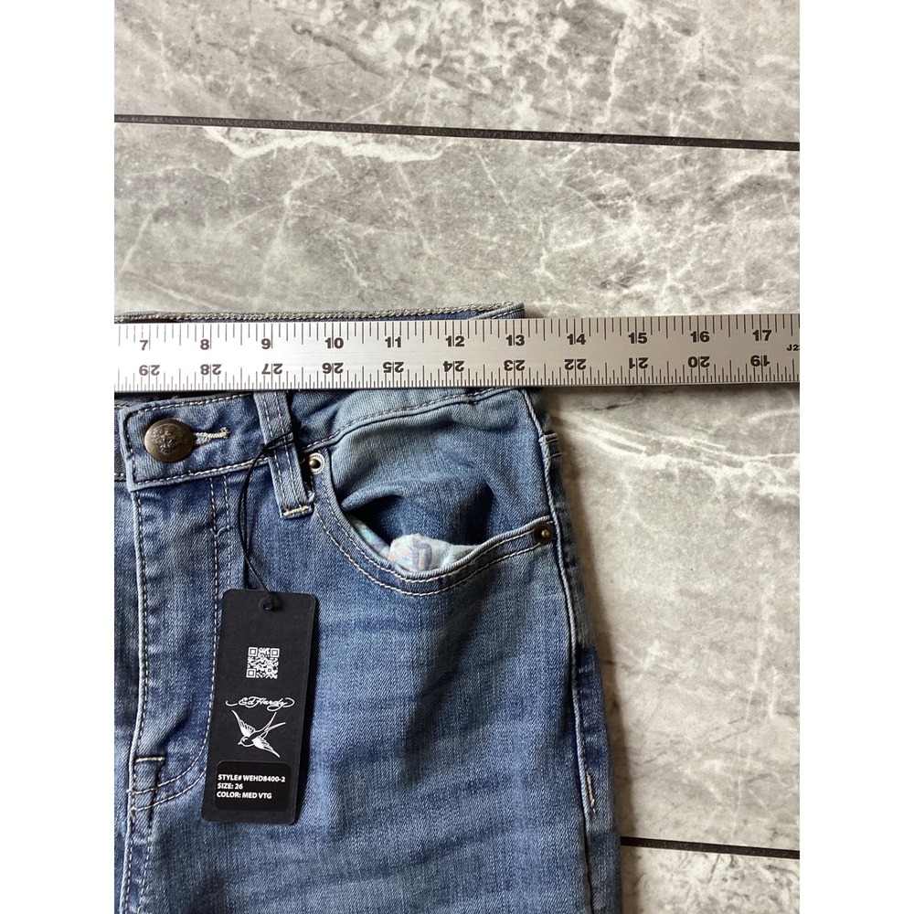 Ed Hardy Slim Flare Jeans Womens 26 Medium Vintage Blue Tattoo Embroidered Logo - Picture 7 of 12